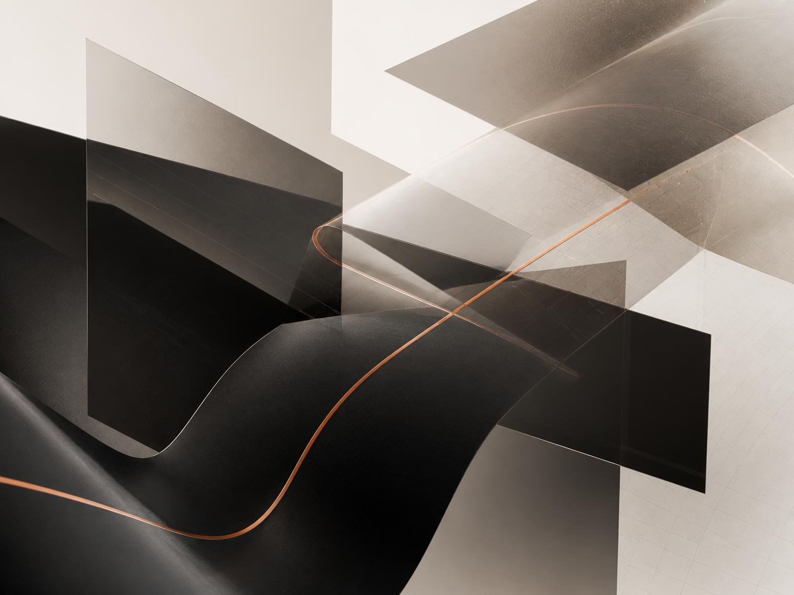 Abstract Simpli5Sales brand visual: layered black and off-white planes joined by a single orange line